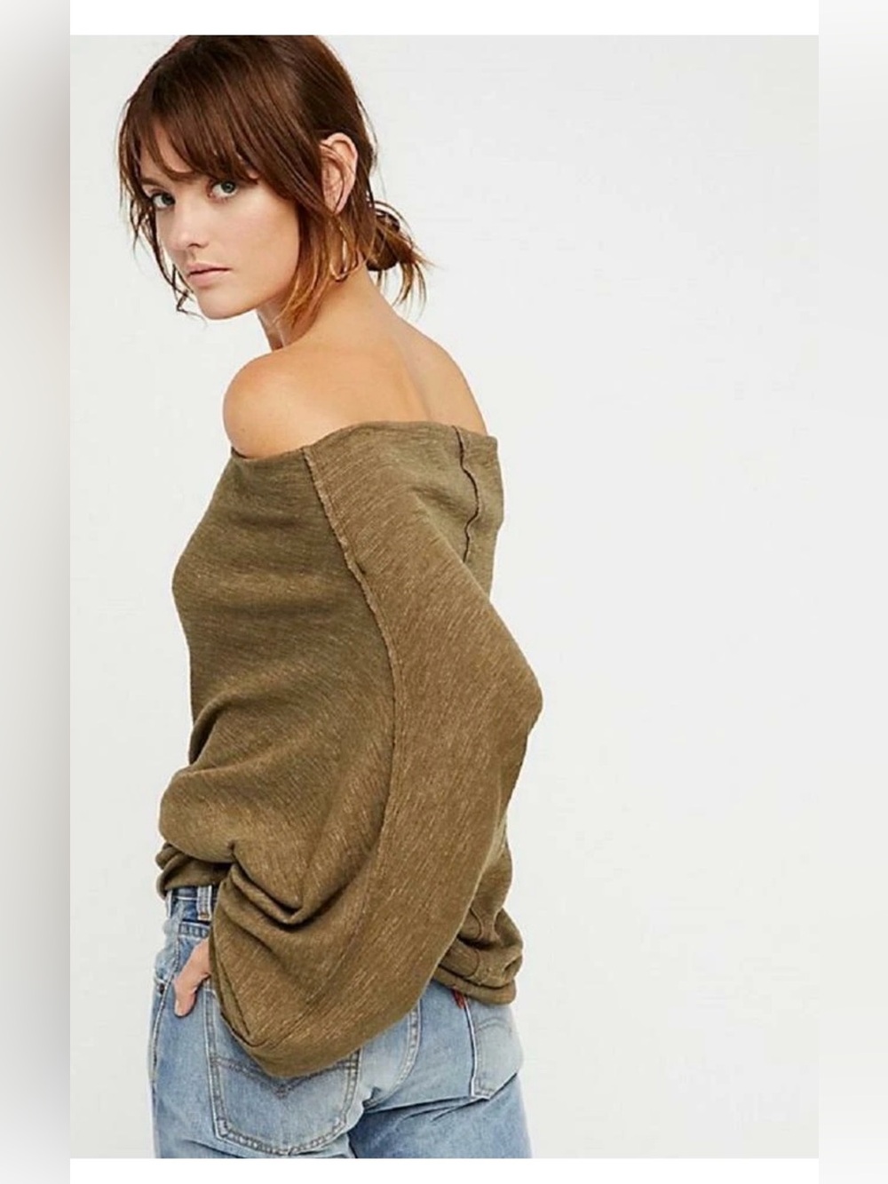 Free People Skyline Thermal Olive Cowl Neck Long Sleeve Off Shoulder SZ S EUC